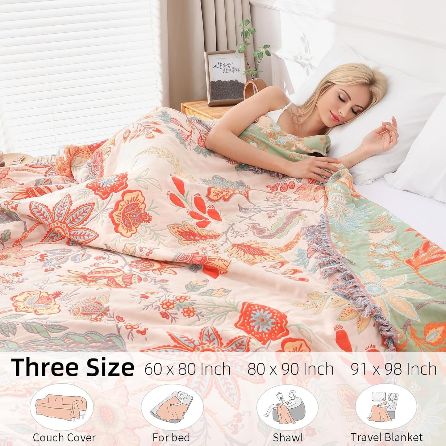 Boho Throw Blanket for Bed - 100% Pure Cotton Ultra Soft Rustic Quilt - Farmhouse Decor Bed Blankets, All Season Rustic Throw for Sofa Couch Chair(60''×80'', Floral)