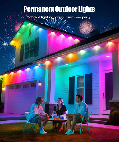 POOFZY Permanent Outdoor Lights for House, 50ft RGB+IC Smart Outdoor Decor, 50 Scene Modes, App/Remote Control, IP68 Waterproof, for Christmas, Holiday, Daily & Pool Party Decor, House Roof Lighting