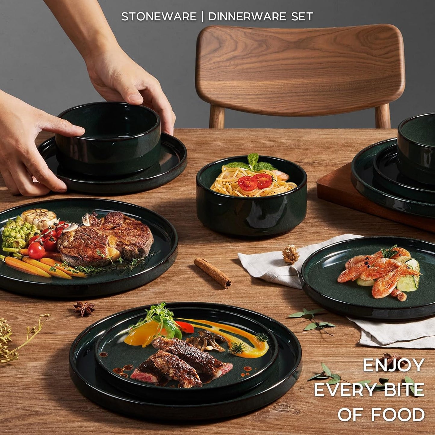 Onader Stoneware Dinnerware Sets for 4, Reactive Glaze Plates and Bowls Sets, Ceramic Dish Dinner Set with Rustic Terracotta Bottom, 12 Piece Elegant Dishware - Emerald Green