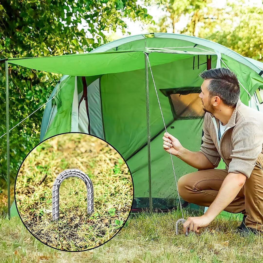 U-Hook-Rebar-Stakes-12 Inch, Ground Stakes Heavy Duty Rebar Stakes for Camping 8pcs Rebar Stakes Rust Proof Coated Metal for Flower Gardens Dog Fence Camping Tents Chicken Coop