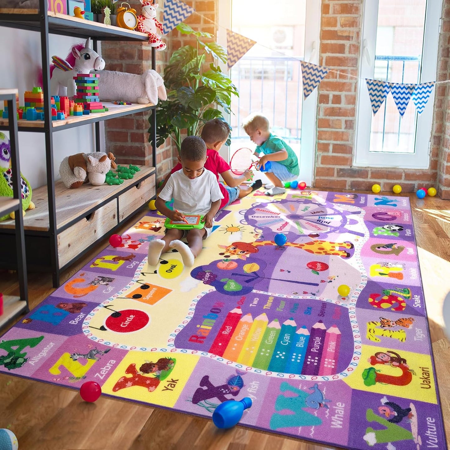 Kids Rugs for Playroom Bedroom Classroom Nursery, Non-Slip and Washable Rugs for Children Toddlers Girls, Educational and Fun Rug Carpets with ABC Alphabet Animals Shapes, 3x5, Purple