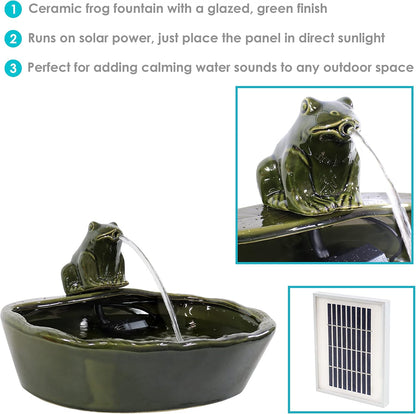 Sunnydaze Ceramic Solar-Powered Water Fountain - Green Glaze - Low-Voltage Submersible Pump with Filter - Frog