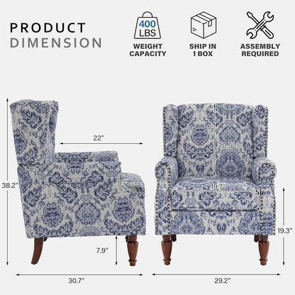Lumibee Wingback Accent Chair,High Back Floral Armchairs in Fabric,Comfy Upholstered Reading Single Sofa Chair with Solid Wood Legs for Living Room,Bedroom,Office-Navy