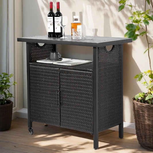 Outdoor Indoor Storage Cabinet with Rolling Wheels, Patio Serving Cart with Bar Table and Wicker Cabinet, Kitchen Island Prep Table, Black