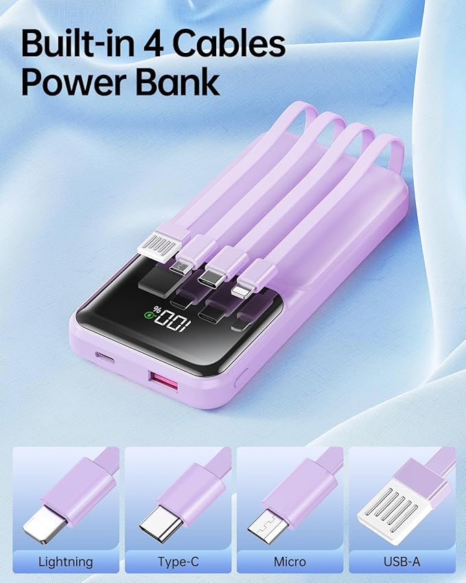 Portable Charger with Built in Cable - 22.5W Power Bank Fast Charging USB C LED Display 10000mAh Travel Battery Pack 5 Outputs & 3 Inputs for iPhone Samsung Android iPad Phones Tablets etc