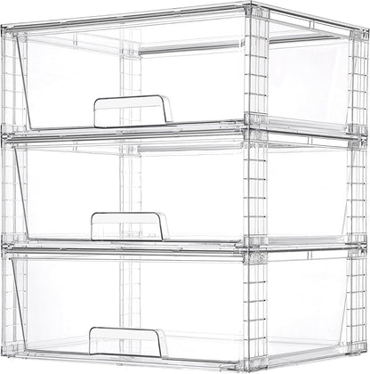 Vtopmart 3 Pack Large Stackable Storage Drawers,Easily Assemble Clear Acrylic Bathroom Closet Undersink Organizers,Plastic Storage Bins for Cabinet,Kitchen Pantry,Medicine Organization