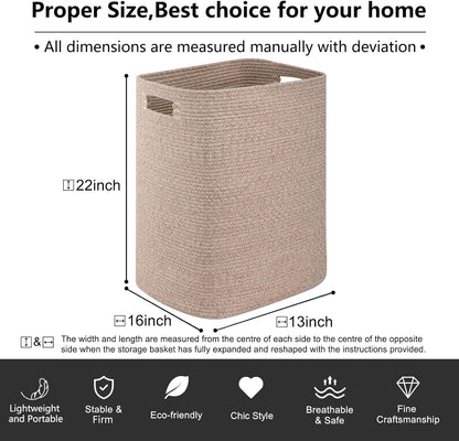 OIAHOMY Laundry Hamper, Rectangle Cotton Laundry Basket with Handles, Large Blanket Basket for Living room, Woven Decorative Storage for Toys,Clothes,Pillows-16x13x22in-Brown variegated