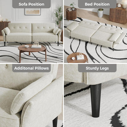 89” Futon Sofa Bed, Comfy Futon Couch Bed with 2 Square Pillows, Convertible Sleeper Sofa with Adjustable Backrest& Armrests, Modern Loveseat Sleeper for Living Room, Bedroom, White