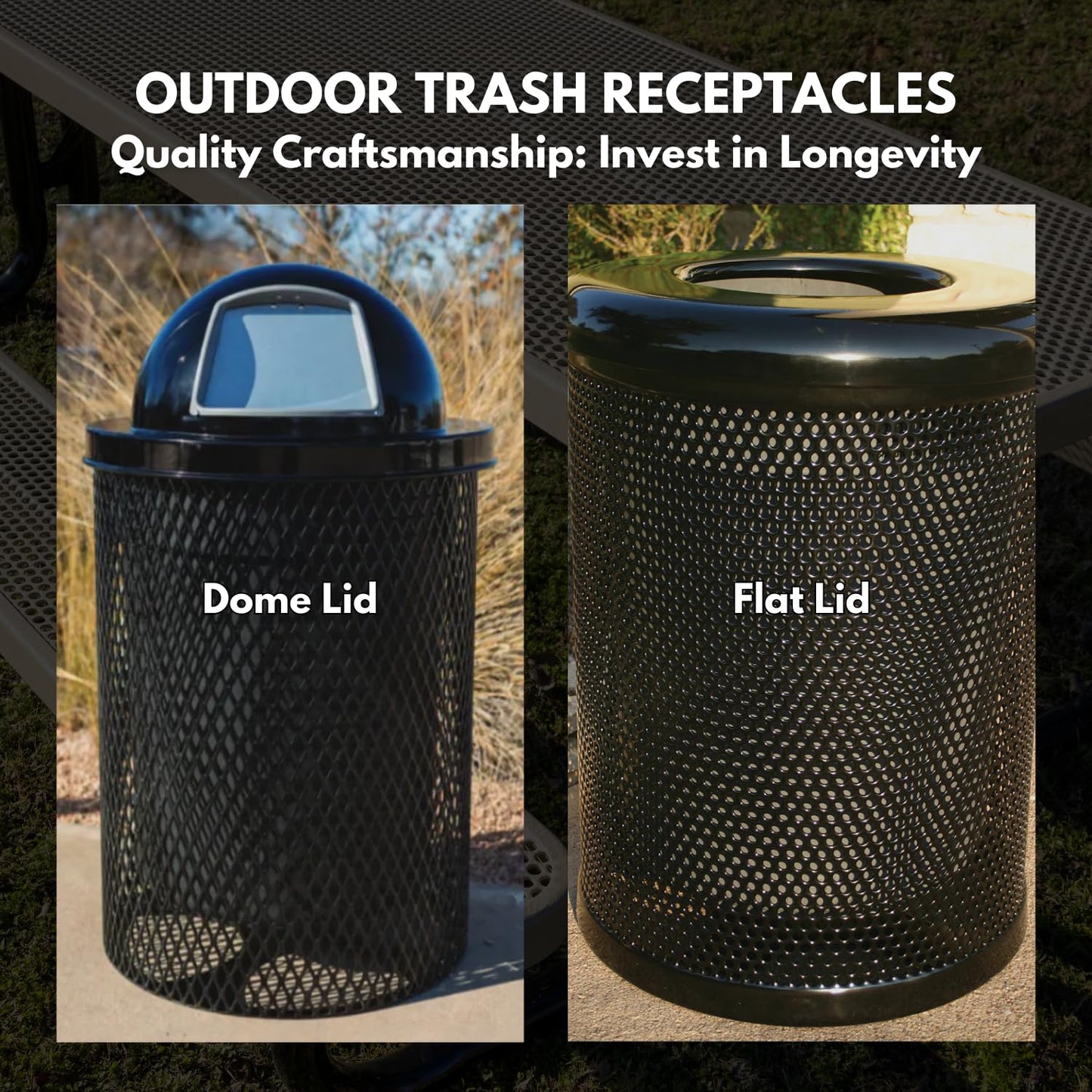 COATEDOUTDOORFURNITURE RDT-DBL Heavy Duty 32 Gallon Round Trash Receptacle, Liner Included, Dark Blue with Black Dome, Made in America