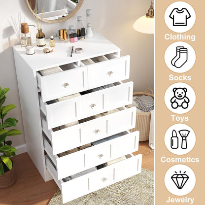 Wood Dresser for Bedroom 6 Drawer: 24" White Chest of Drawers Wood, Modern Fluted Cabinet with Sturdy Storage, Wide Aesthetic Furniture for Room Organization