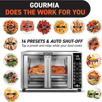 Gourmia Toaster Oven Air Fryer Combo 17 cooking presets 1700W french door digital air fryer oven 24L capacity accessories, convection rack, baking pan tray recipe book GTF7655,Large,Stainless Steel