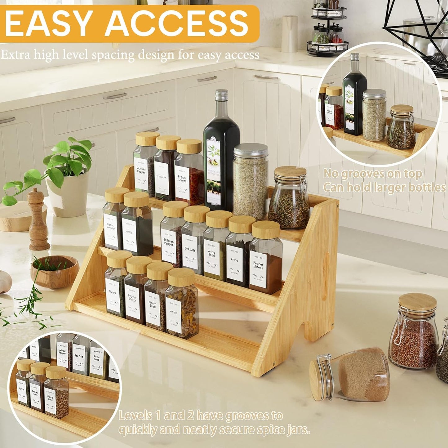 Bamboo Spice Rack Organizer -3-Tier Spice Rack for Countertop,Cabinet Spice Rack Organizer for 27 Spice Jars(4oz)，Step Shelf (yellow)