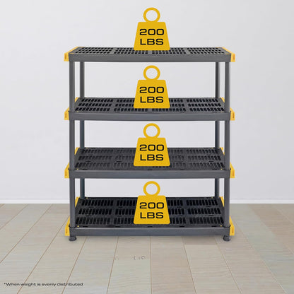 BLACK & YELLOW, 4-Tier Heavy Duty Plastic Storage Shelving Unit, 200lbs/shelf (55"H x 48"W x 20"D), for Indoor/Outdoor Organization, Modular Rack