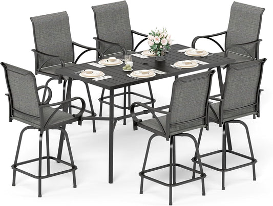 Sophia & William Outdoor Bar Set, Patio Bar Table and Chairs Set, Bar Height Patio Set - 6 x Swivel Bar Chairs(Grey), 1 x Rectangular Bar Table(Black)