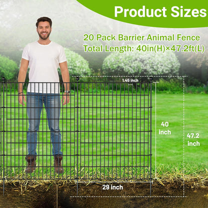 20 Panels No Dig Decorative Outdoor Garden Fence for Yard with Gate, 40 in(H) X 47.2 ft(L) Animal Barrier Fencing Rustproof Metal Wire Panel Border for Dog, Rabbits, and Patio Temporary Ground Stakes