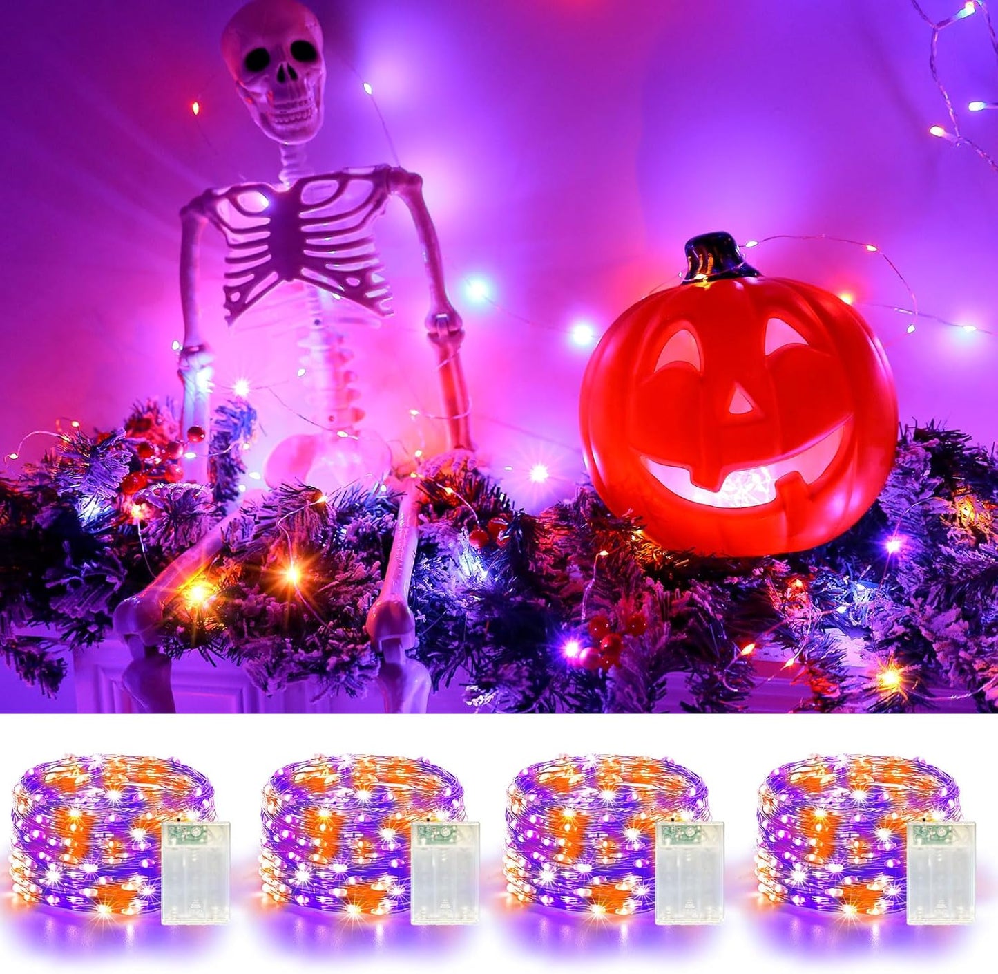 4 Pack 60LED Halloween Fairy Lights Battery Operated - 20FT Twinkle Lights with 2 Lighting Modes Indoor, Waterproof Led Fairy String Lights for Christmas, Bedroom, Dorm, DIY Decor, Purple & Orange