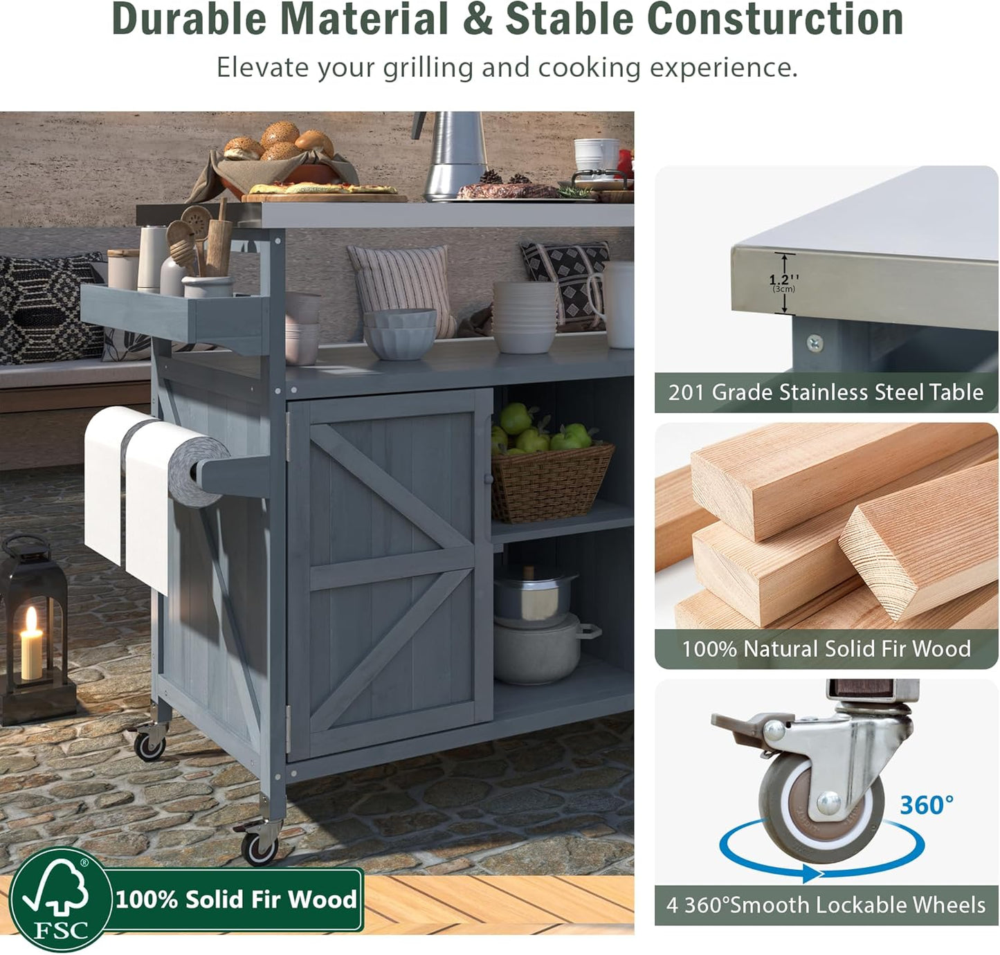 Outdoor Kitchen Island, Rolling Bar Cart & Storage Cabinet, Farmhouse Solid Wood Outdoor Grill Table with Stainless Steel Top, Spice Rack, Towel Rack for Kitchen & BBQ, Grey Blue