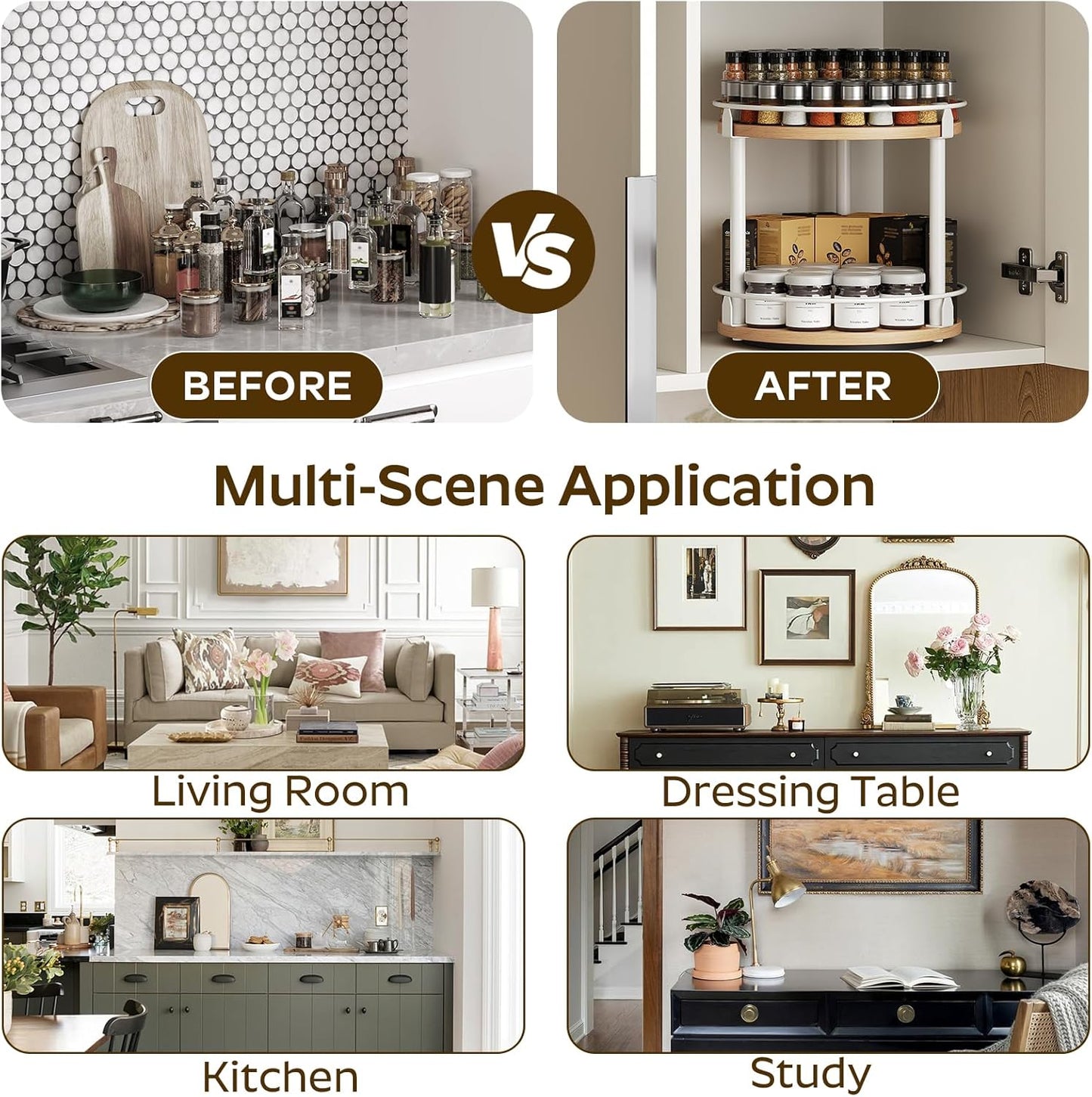 Lazy Susan Organizer, Rotating Spice Rack, 2 Tier Spice Turntable Organizer, Industrial Turntable Spice Holder, for Kitchen Countertop, Compact and Versatile, White and Natural SR22WN