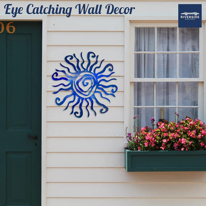 Riverside Designs Wacky Sun Metal Wall Art Indoor/Outdoor Decor - 18" Blue Rust Proof Wall Sculpture - Made in USA - Ideal for Bedroom, Garden, Home, Patio and Farmhouse