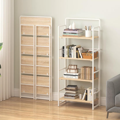 4NM No Assembly Foldable Bookshelf, 4-Shelf Collapsible Bookcase Storage for Small Spaces, 54" H, Natural White