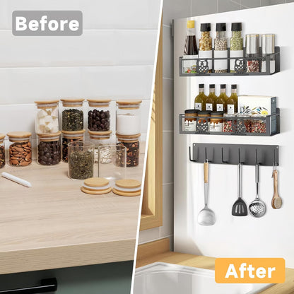 Spice Rack Magnetic for Fridge,Magnetic Fridge Shelf,Spice Shelf,Condiment Organizer,Refrigerator Organizers and Storage with Magnetic Hooks,Owl Kitchen Decor(Gray)