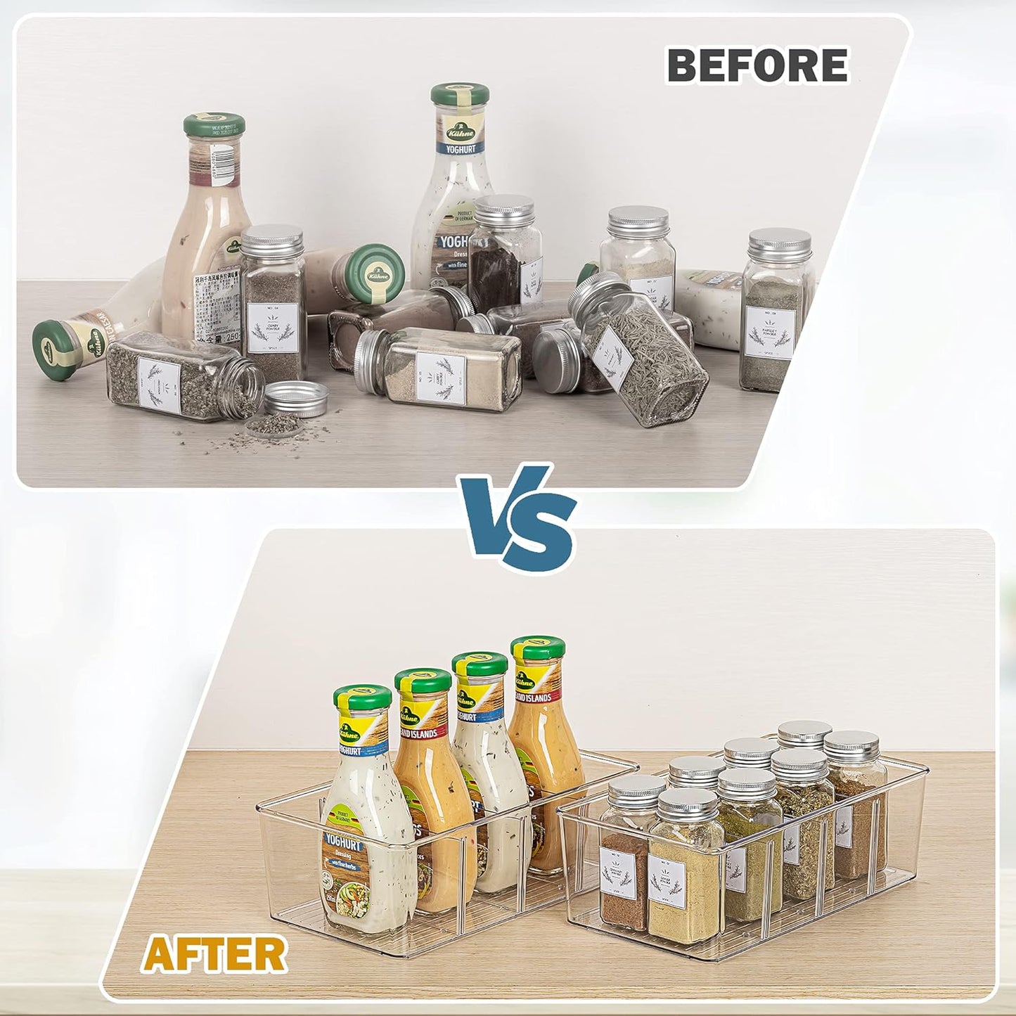 Vtopmart 8 Pack Food Storage Organizer Bins, Clear Plastic Bins for Pantry, Kitchen, Fridge, Cabinet Organization and Storage, 4 Compartment Holder for Packets, Snacks, Pouches, Spice Packets