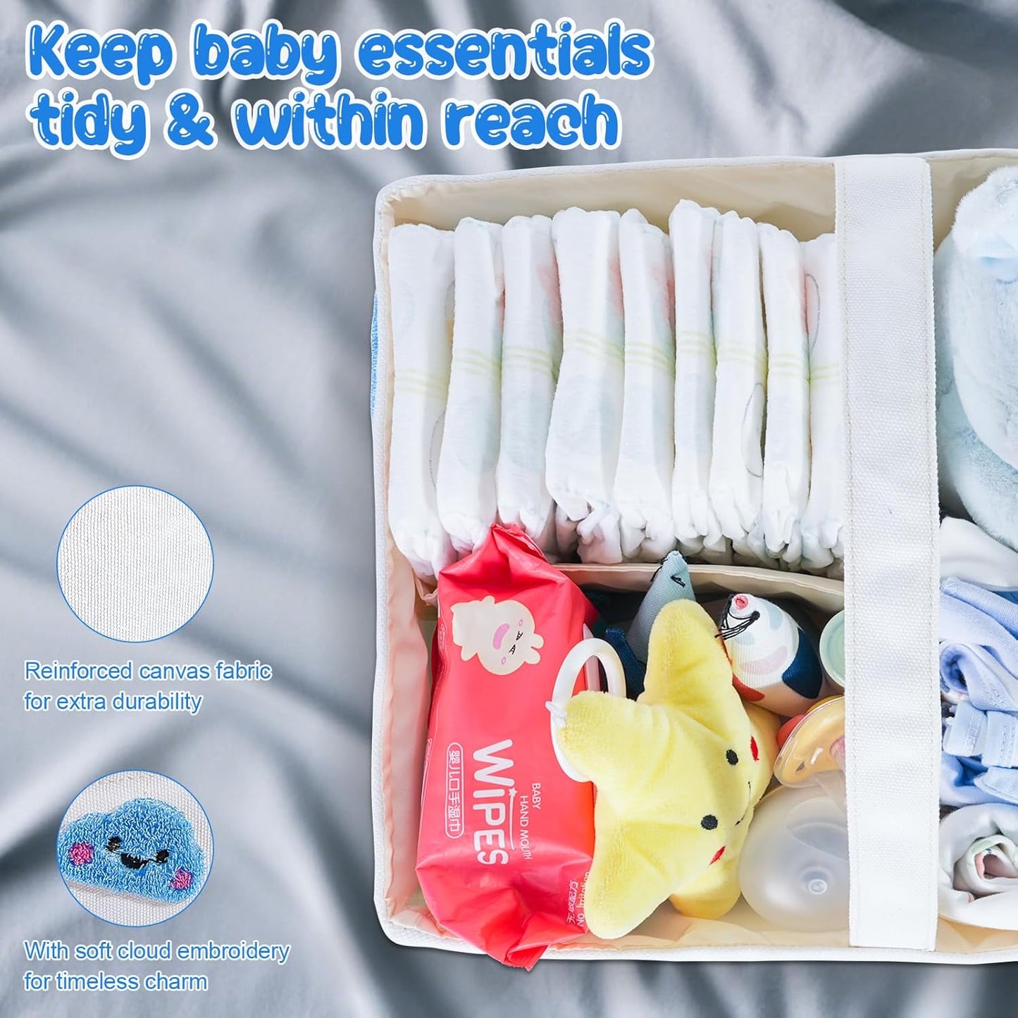 Baby Diaper Caddy Organizer with Handle - Durable Canvas Storage Basket with Cloud Embroidery, Portable Nursery Organizer for Newborn Essentials, Diaper Travel Bag, Baby Shower Basket-Blue