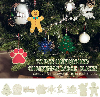 Wooden Christmas Ornaments, 176 PCS Unfinished Predrilled Wood Ornaments Set with 72 Blank Wood Slices in 9 Styles, 90 Bells and 12 Color Pens for Kids DIY Crafts and Christmas Hanging Decoration, B