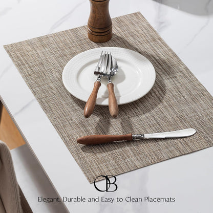 Placemats Set of 8 - Easy Clean Woven Vinyl Placemats for Dining Table, Indoor/Outdoor Place Mats, Washable PVC Table Mats（Caramel）