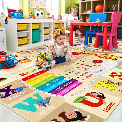 7x10 Playroom Rugs for Kids Washable, Educational and Fun Playmat with ABC Alphabet Animals Shapes Colors, Non-Slip Play Mat Learning Rug for Baby Toddler Children Game Activity，Beige, Pink