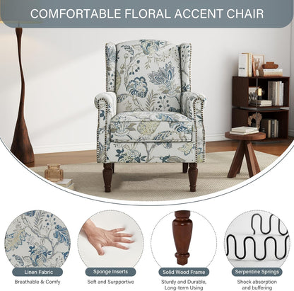 UIXE High Back Floral Accent Chair, Upholstered Armchair in Fabric, Retro Printed Wingback Arm Chair for Living Room, Nailhead Trim Single Sofa Bedroom Reading Seat - Plants Blue