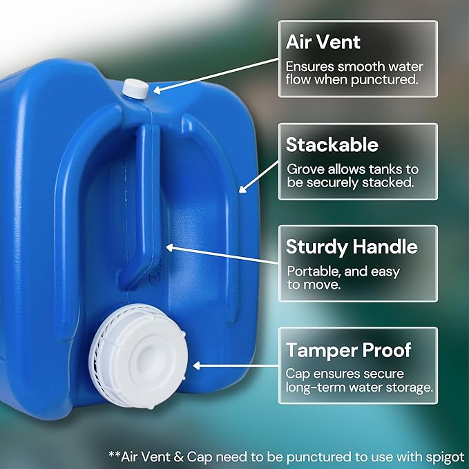 5-Gallon Stackable Water Tanks for Long-Term Emergency Storage | Complete Water Storage Kit for Survival with Lids, Spigot, Water Treatment, Hose & Faucet Attachment (4 Tanks (20 Gallons))