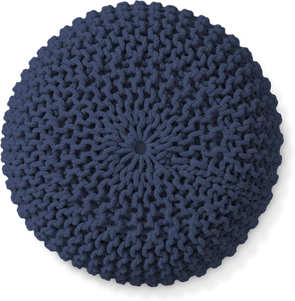 Casafield Round Pouf Ottoman, Navy Blue - 20" Diameter x 14.5" High Cotton Knit Foot Stool - Boho Floor Pouffe for Living Room, Bedroom, Home Office