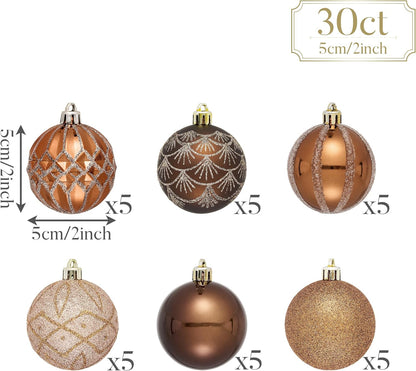 Valery Madelyn Christmas Ornaments Set, 30ct 2 Inches Bronze Copper Brown Gold Shatterproof Christmas Tree Decorations Ball Ornaments Bulk, Elegant Hanging Ornaments for Xmas Holiday Party Decor