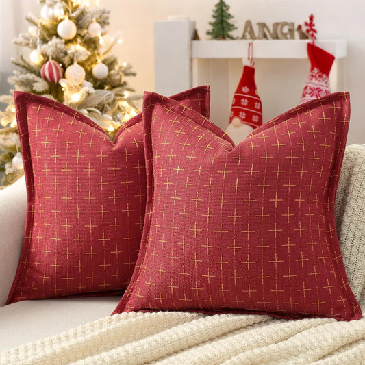 ZWJD Christmas Pillow Covers 12x20 Set of 2 Soft Polyester Textured Pillowcases with Stylish Flange Edge Cozy Farmhouse Christmas Pillows for Couch Bed Sofa Living Room (Red)