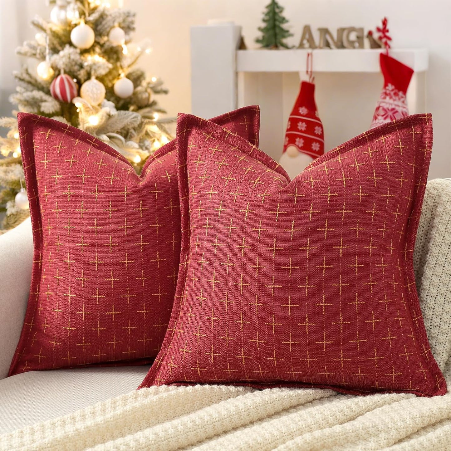 ZWJD Christmas Pillow Covers 16x16 Set of 2 Soft Polyester Textured Pillows with Stylish Flange Edge Cozy Farmhouse Christmas Decor for Couch Bed Sofa Living Room (Red)