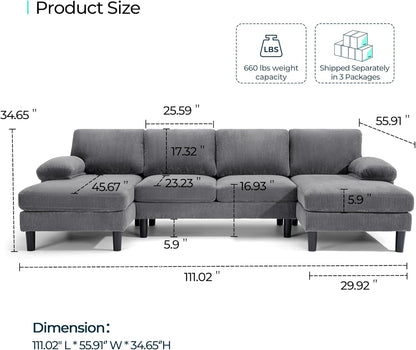 LINSY HOME Sectional Couch, 111'' W Corduroy U Shaped Sofa with Sleepable Armrests, 4 Seat Couch with Double Chaises, Deep Sofa for Living Room, Grey