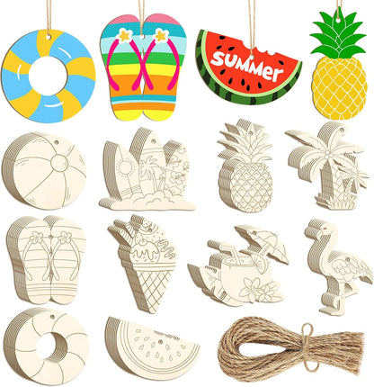 80PCS Wooden Summer Ornaments to Paint, 10 Styles DIY Blank Unfinished Wood Beach Cutouts Ornament for Crafts Hanging Decorations, Watermelon Surfboard Slippers Coconut Tree Home Decorations Gifts