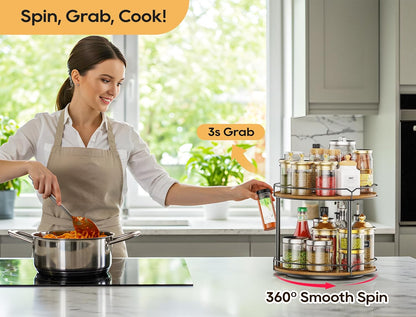 12.4" Lazy Susan Organizer 2 Tier - Rotating Spice Rack, Wooden Spinning Spice Holder for Inside Cabinet, Pantry, Kitchen, Countertop, Bathroom and Vanity, Versatile Storage