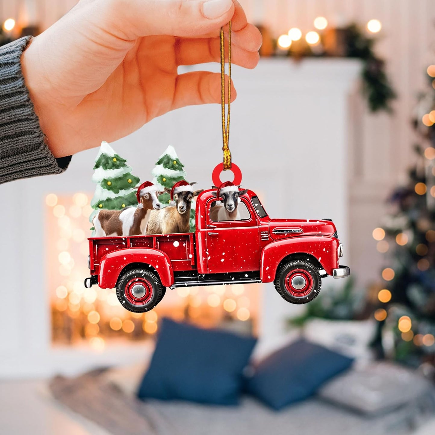 Talataca Goat Red Christmas Truck Pine Tree Farm Animal Lover 2D Flat Car Rear View Mirror Accessories Christmas Tree Ornament Decoration Hanging Charm Interior Rearview Pendant Decor Gift