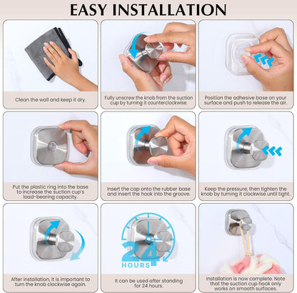 Suction Cup Hooks for Shower - Reusable No-Drill Mounting - Hooks for Towels, Robes & Loofah on Metal, Glass, Mirrors, Tile & Smooth Non-Porous Surfaces (2, Brushed Nickel)