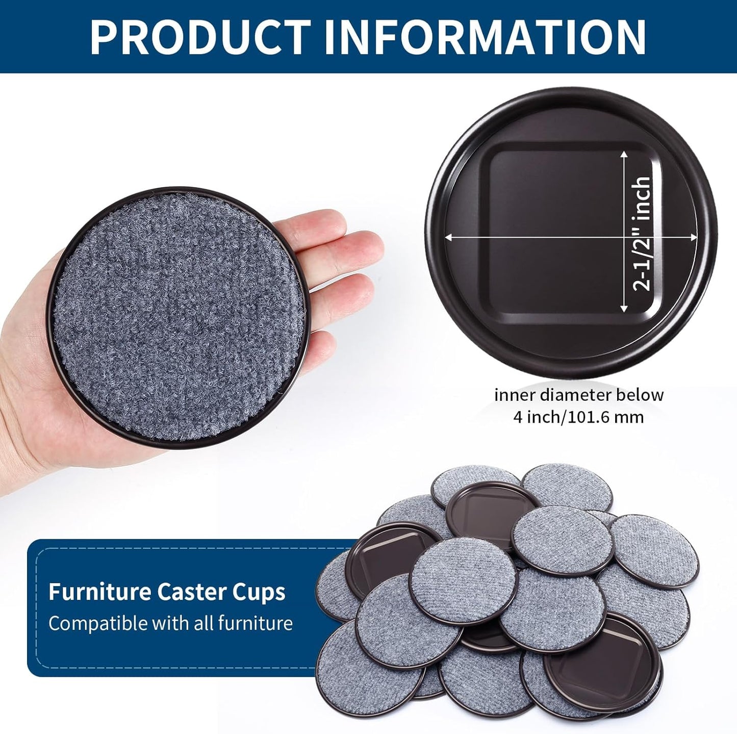 Ezprotekt 4" Round Reusable Felt Furniture Caster Cups with Carpet Bottom, 16 Pcs Felt Furniture Sliders Floor Protectors Pads to Protect Hardwood, Tile or Laminate Floors from Scratches (Brown/Gray)