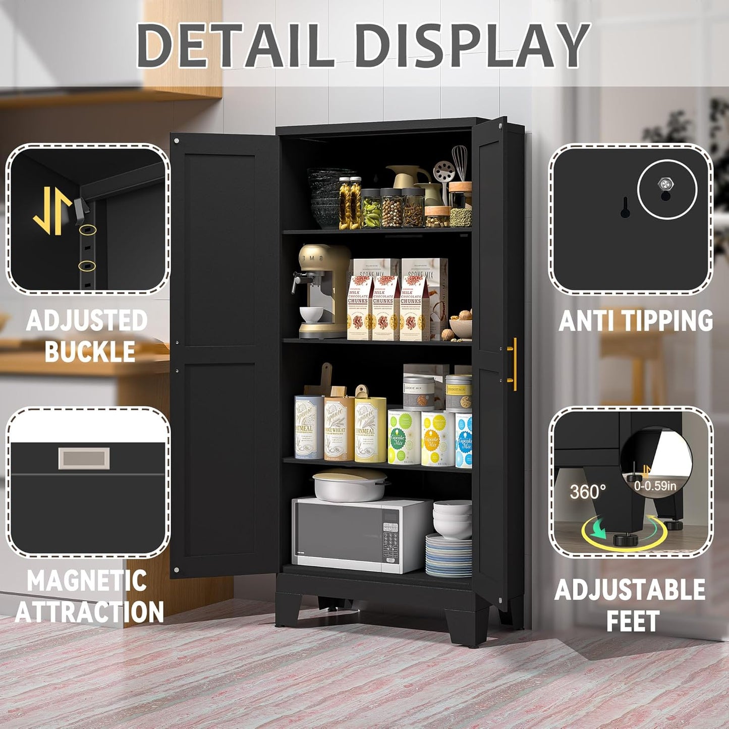 61.02" Kitchen Pantry Cabinet, Pantry Storage Cabinet with 2 Doors and Adjustable Shelves, Black Food Storage for Kitchen, Living Room, Bedroom and Dining Room (Black) Metal Sideboard