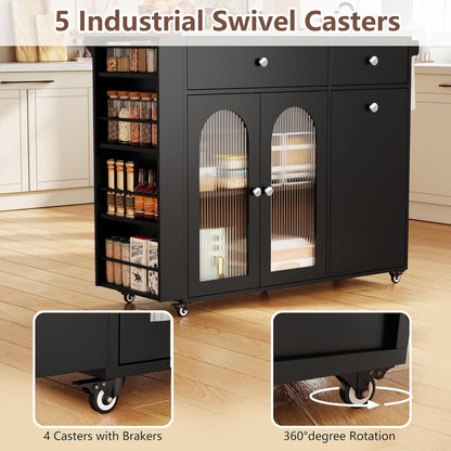 Kitchen Island with Drop Leaf & Power Outlet, Rolling Kitchen Island on Wheels with Trash Can Storage, Island Table Bar Cart with Spice Rack, Towel Rack, Drawers, Mobile Kitchen Carts on Wheels