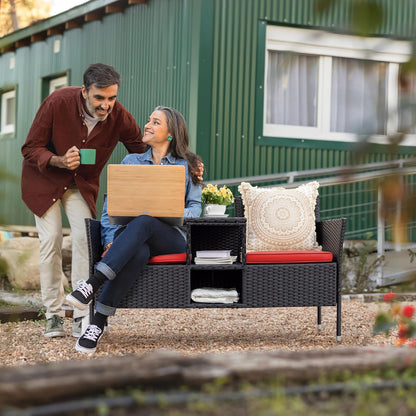 Flamaker Outdoor Furniture Patio Loveseat Wicker 2-Seat with Built-in Table and Cushions Rattan Porch Chairs Bench for Balcony, Lawn, Backyard (Red)