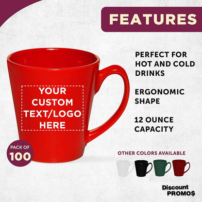 DISCOUNT PROMOS Custom Glossy Ceramic Latte Coffee Mug 12 oz. Set of 100, Personalized Bulk Pack - Perfect for Tea, Espresso, Cappuccino, Hot Cocoa - Red