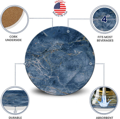 Emerson Coasters for Drinks Absorbent Set of 6 with Holder – Marble Style Coasters – Coasters for Drinks – Drink Coasters for Coffee Table – 100% Ceramic Stone Non Slip – Heavy Duty (Ocean)