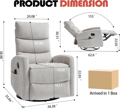 Manual Swivel Rocker Recliner Chair for Adults, Overstuffed Reclining Glider Chair for Nursing with Vibration Massage & Heat, Living Room Rocking Recliner 3-Stage backrest, Chenille Fabric Light Gray