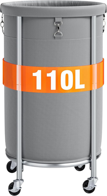 ELYKEN Laundry Hamper with Wheels, 110L Rolling Laundry Basket, Round Laundry Cart with Steel Frame and Removable Bag, 4 Casters and 2 Brakes, Dirty Clothes Hamper for Hotel, Home, Closet, Dorm, Gray