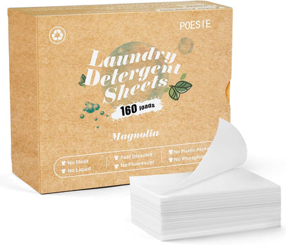 Poesie Laundry Detergent Sheets Magnolia Scent 160 Sheets 80 Large Loads Liquidless Effective Cleaning Zero Waste for All Washing Machine Traveling Dorm Life Save Space